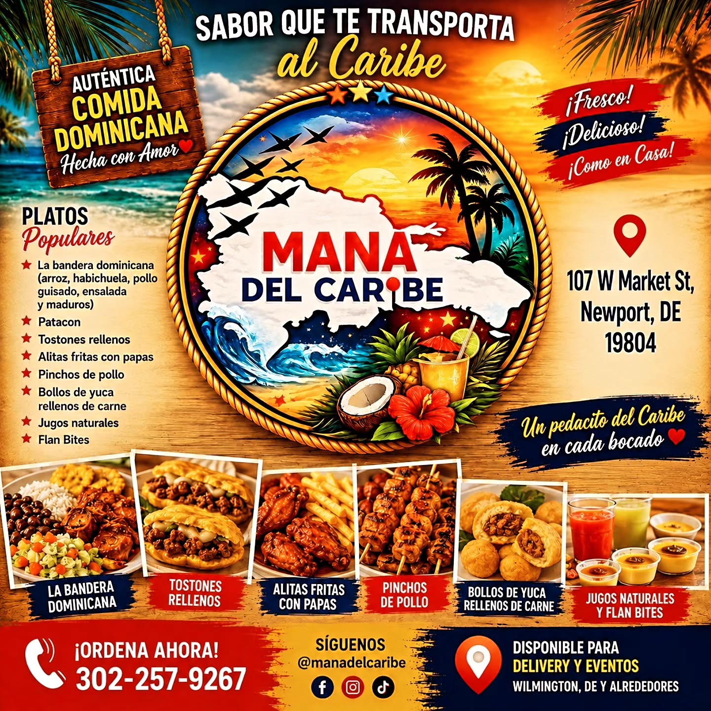 Mana del Caribe menu with Dominican dishes, phone number, and address